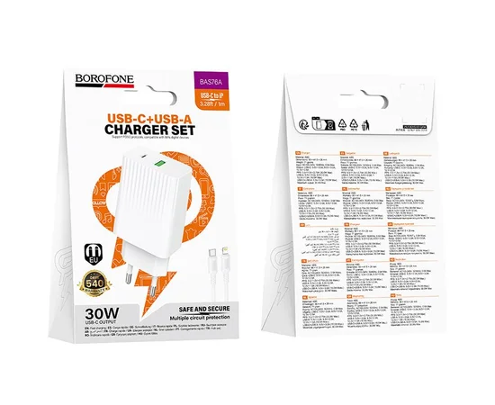 СЗУ Borofone BAS76A Source PD30W+QC3.0 (1USB-A/1C) + кабель Type-C to Lightning White