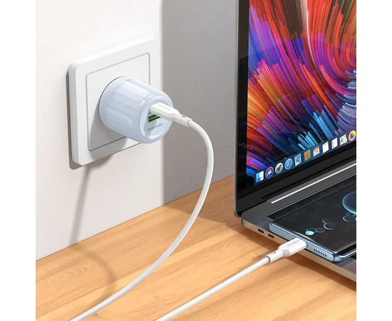 СЗУ Borofone BA93A Lustrous PD20W+QC3.0 (1USB-A/1C) + кабель Type-C to Lightning Blue