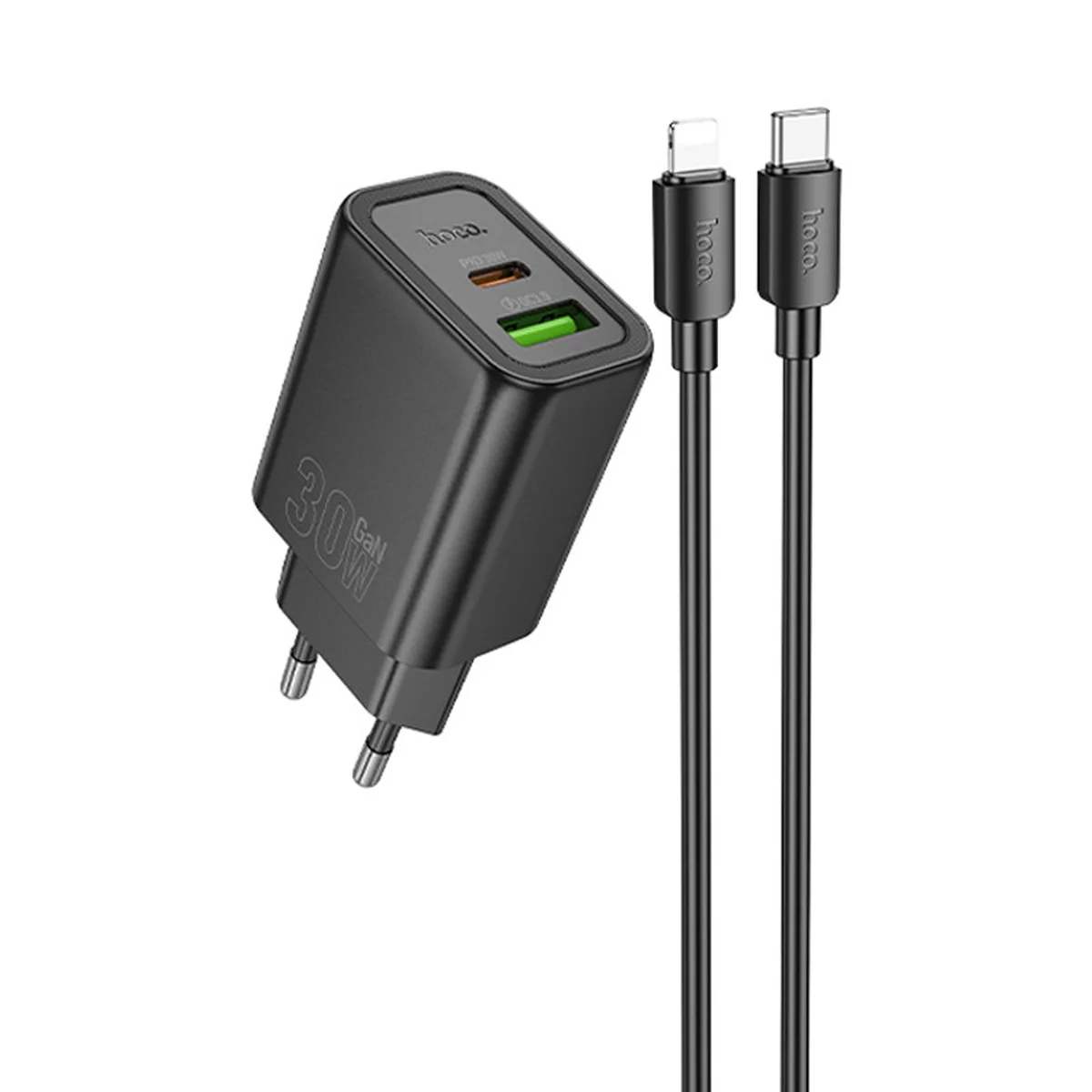 СЗУ Hoco N63 Gentle PD30W+QC3.0 (1USB-A/1C) + кабель Type-C to Lightning Black