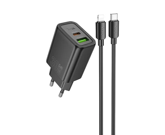СЗУ Hoco N63 Gentle PD30W+QC3.0 (1USB-A/1C) + кабель Type-C to Lightning Black