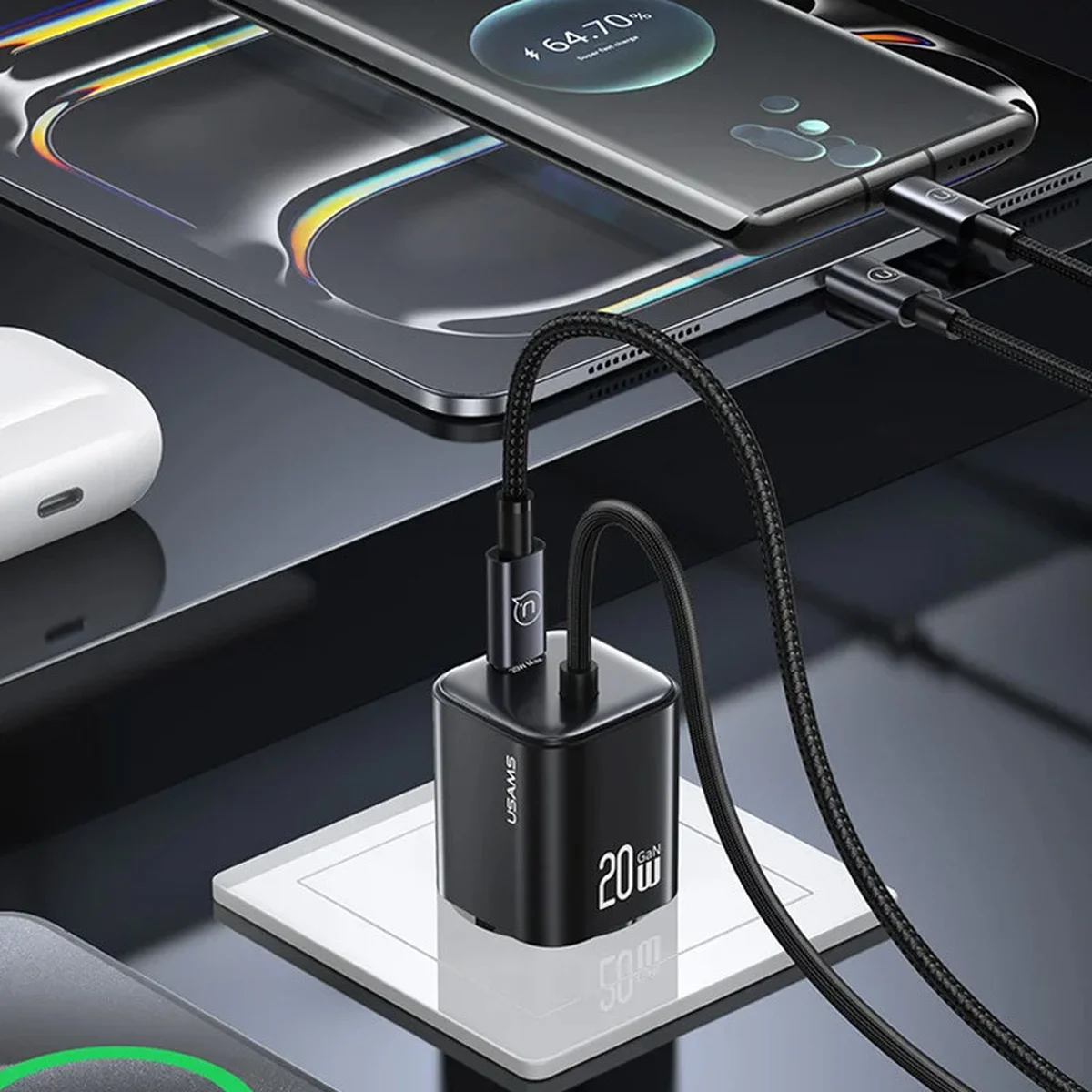 СЗУ Usams US-CC261 GaN JC Ser. 20W (2USB-C) + кабель Type-C to Type-C Black