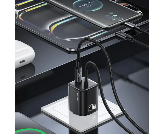 СЗУ Usams US-CC261 GaN JC Ser. 20W (2USB-C) + кабель Type-C to Type-C Black