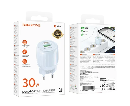 СЗУ Borofone BA94A Lustrous PD30W+QC3.0 (1USB-A/1C) Blue