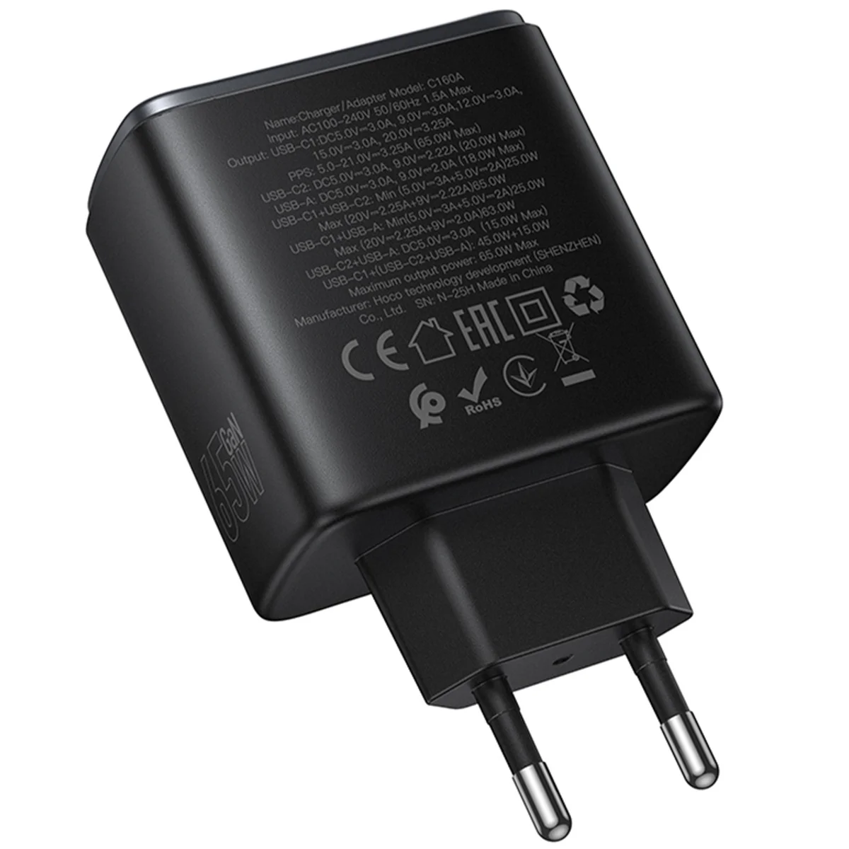 СЗУ Hoco C160A Upgrade PD65W+QC3.0 (1USB-A/2C) Black