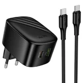СЗУ Hoco CS102A Folding PD30W+QC3.0 (1USB-A/1C) + кабель Type-C to Type-C Black