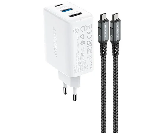 СЗУ Acefast A17 PD65W GaN (1USB-A/1C/1HDMI) + кабель Type-C to Type-C White