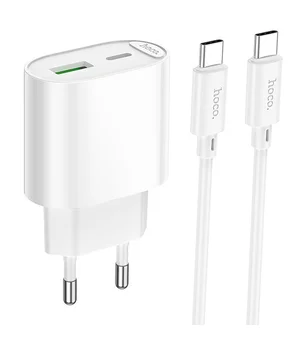СЗУ Hoco C109A Fighter PD20W+QC3.0 (1USB-A/1C) + кабель Type-C to Type-C White