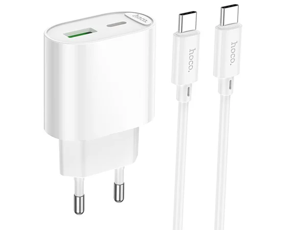 СЗУ Hoco C109A Fighter PD20W+QC3.0 (1USB-A/1C) + кабель Type-C to Type-C White