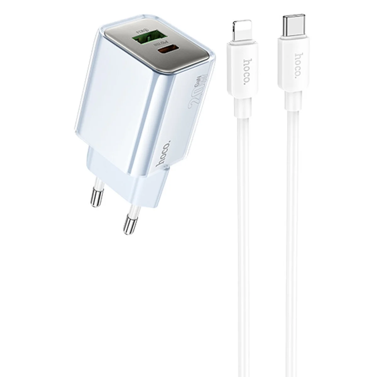 СЗУ Hoco N46 Glorious PD20W+QC3.0 (1USB-A/1C) + Type-C to Lightning Blue