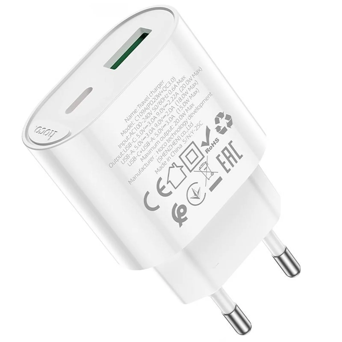 СЗУ Hoco C109A Fighter PD20W+QC3.0 (1USB-A/1C) White