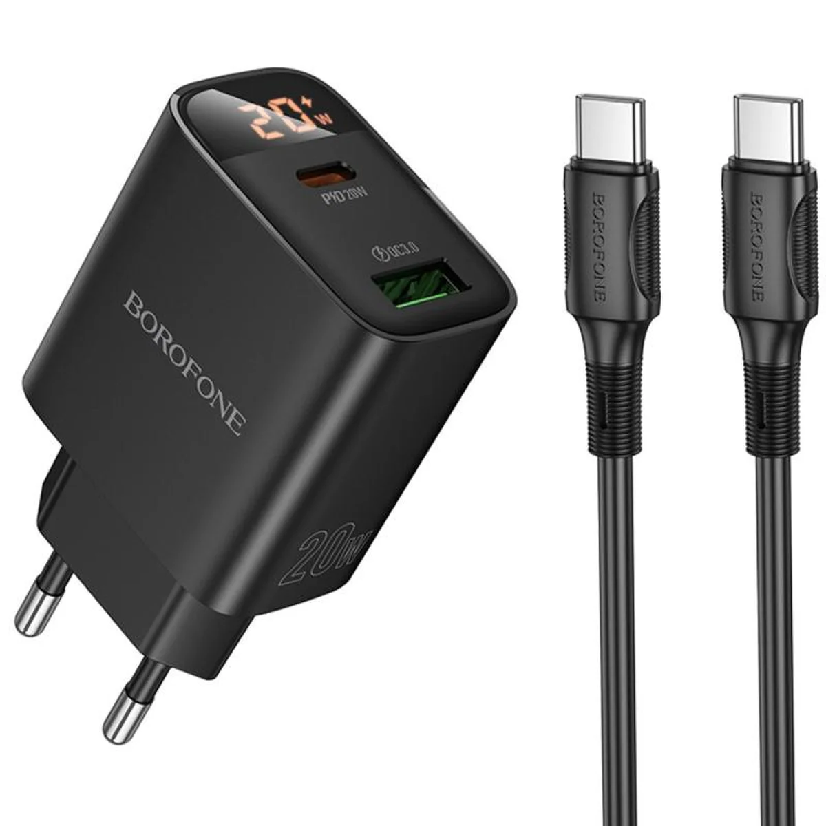 СЗУ Borofone BA96A Ilustre with digital display PD20W+QC3.0 (1USB-A/1C) + кабель Type-C to Type-C Black