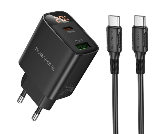 СЗУ Borofone BA96A Ilustre with digital display PD20W+QC3.0 (1USB-A/1C) + кабель Type-C to Type-C Black