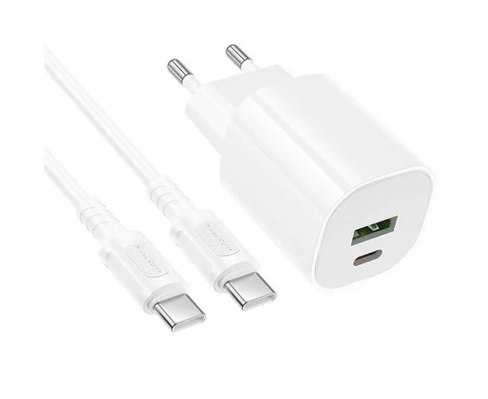 СЗУ Borofone BA104A Pudding PD20W+QC3.0 (1USB-A/1C) + кабель Type-C to Type-C White