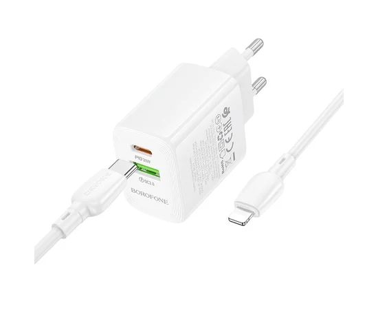 СЗУ Borofone BN29 Fuente PD30W+QC3.0 (1USB-A/1C) + кабель Type-C to Lightning White