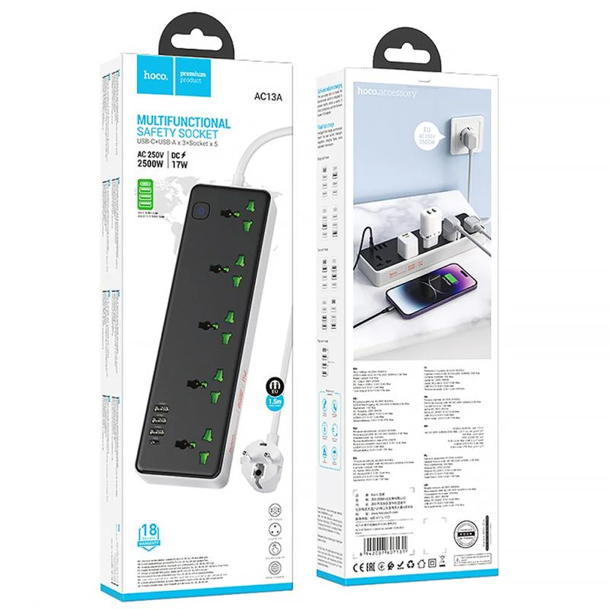 Удлинитель Hoco AC13A Safety Socket (3USB-A/1C/5xSocket) (1.5m) Black