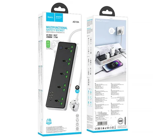 Подовжувач Hoco AC13A Safety Socket (3USB-A/1C/5xSocket) (1.5m) Black