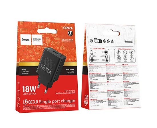 СЗУ Hoco CS92A Leader 18W+QC3.0 (1USB-A) Black