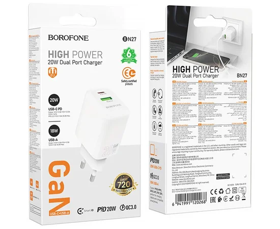 СЗУ Borofone BN27 Fuente PD20W+QC3.0 (1USB-A/1C) White