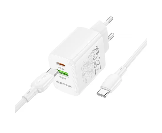 СЗУ Borofone BN29 Fuente PD30W+QC3.0 (1USB-A/1C) + кабель Type-C to Type-C White