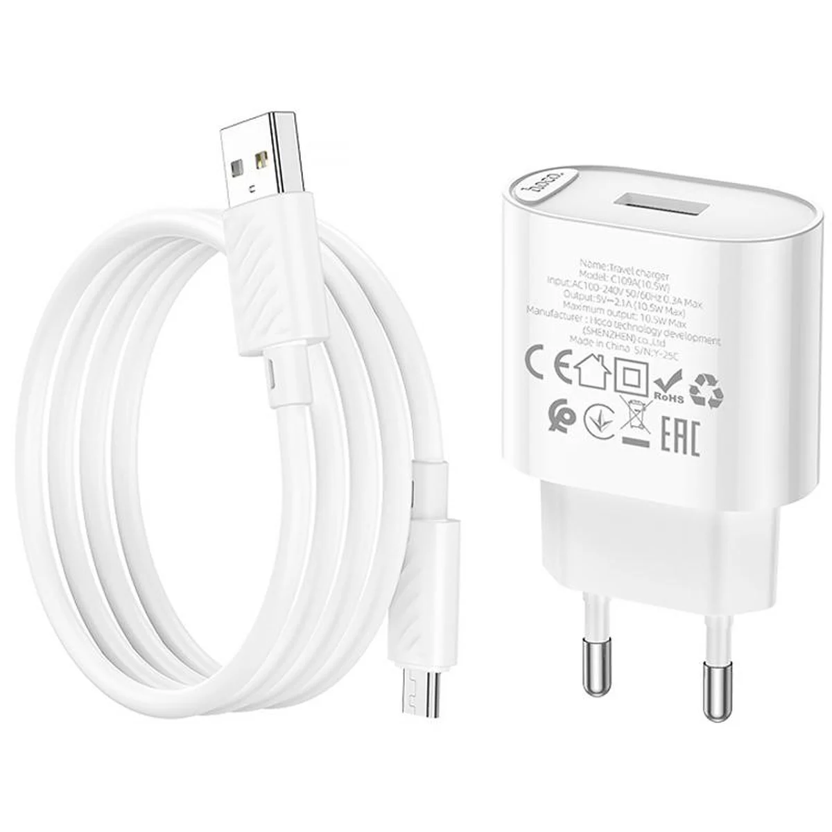 СЗУ Hoco C109A Fighter 10.5W (1USB-A) + кабель USB to MicroUSB White