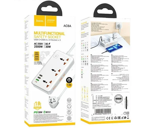 Удлинитель Hoco AC8A Storm (PD30W/1C/3A/3xSocket) (1.5m) White