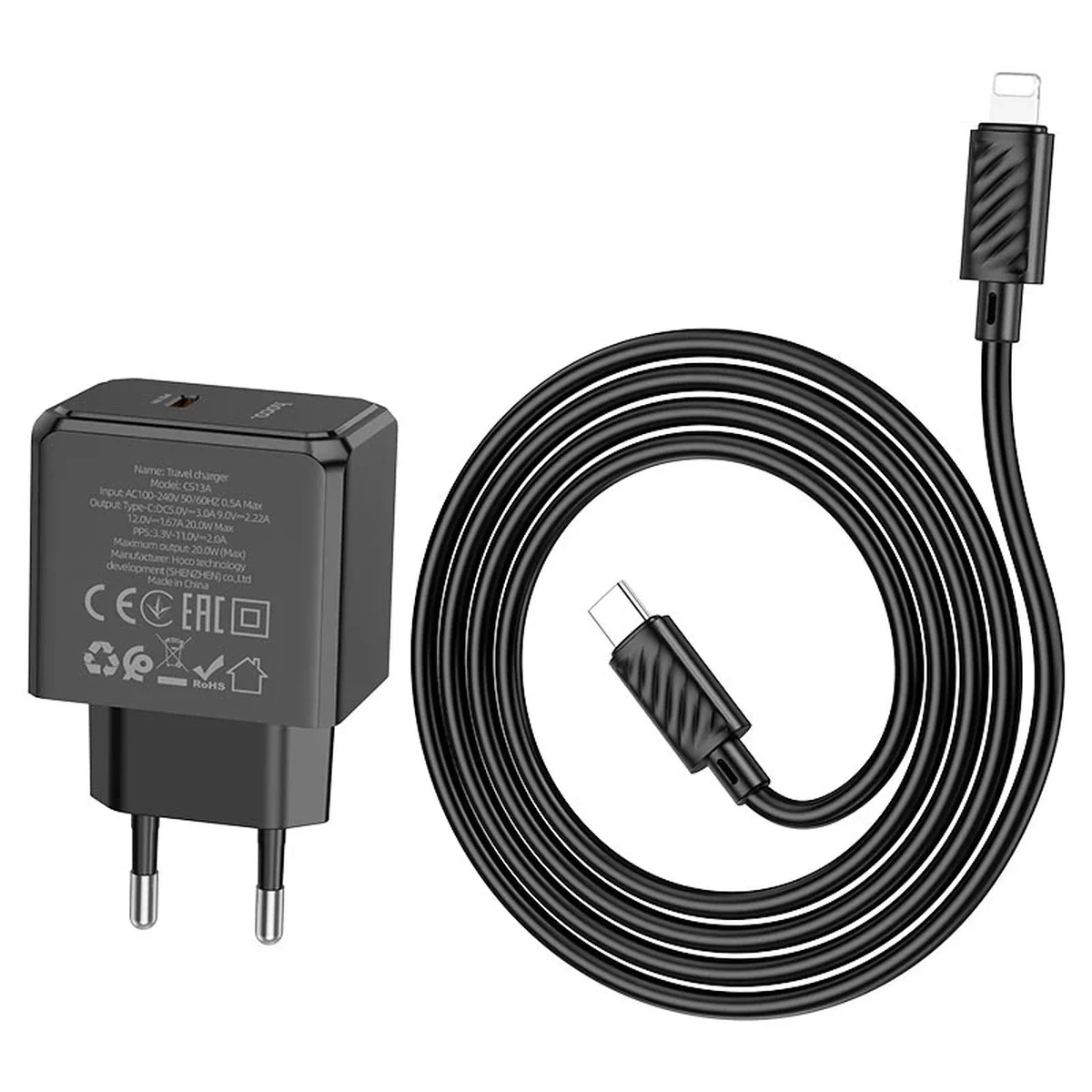 СЗУ HOCO CS13A Ocean PD20W (1USB-C) + Type-C to Lightning Black