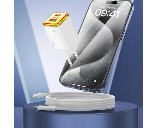 СЗУ Hoco N53 Monsoon PD30W+QC3.0 (1USB-A/1C) + Type-C to Lightning White