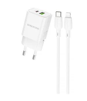СЗУ Borofone BN14 Royal PD30W+QC3.0 (1USB-A/1C) + кабель Type-C to Lightning White