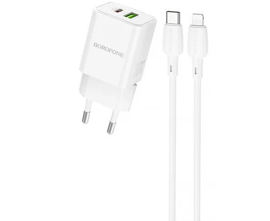 СЗУ Borofone BN14 Royal PD30W+QC3.0 (1USB-A/1C) + кабель Type-C to Lightning White