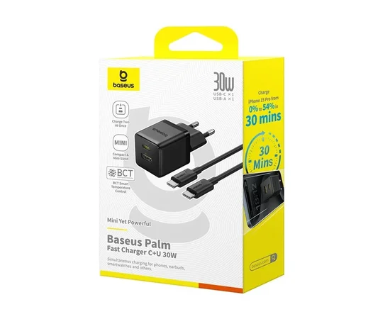 СЗУ Baseus Palm Fast Charger 30W (1USB-A/1C) + кабель Type-C to Type-C (P1011160A) Cluster Black