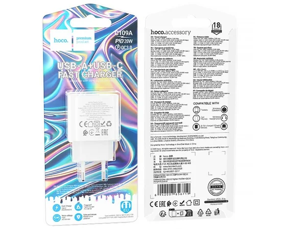 СЗУ Hoco C109A Fighter PD20W+QC3.0 (1USB-A/1C) White