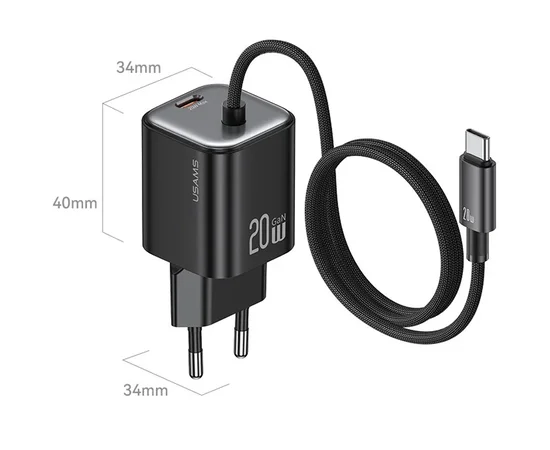 СЗУ Usams US-CC261 GaN JC Ser. 20W (2USB-C) + кабель Type-C to Type-C Black