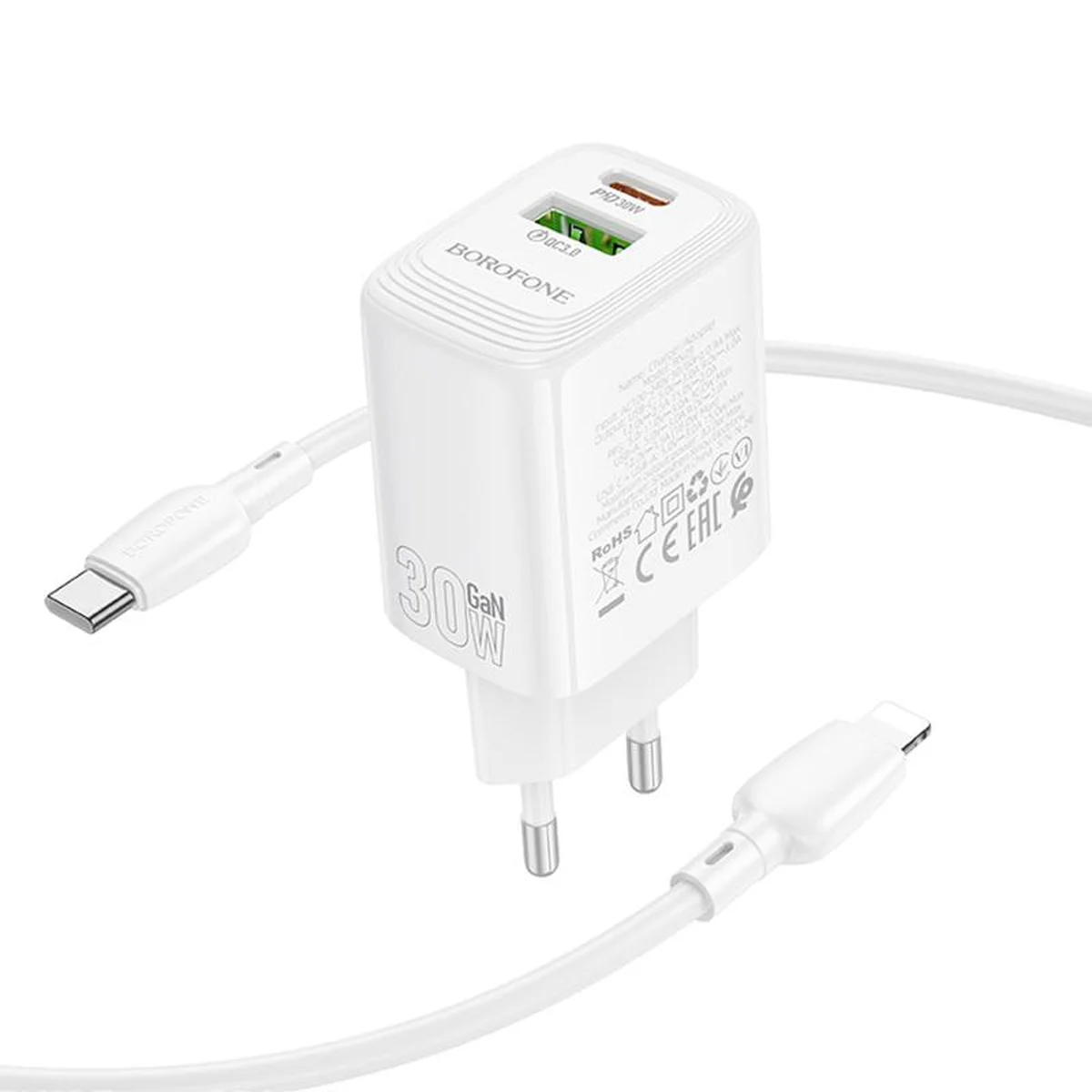 СЗУ Borofone BN29 Fuente PD30W+QC3.0 (1USB-A/1C) + кабель Type-C to Lightning White