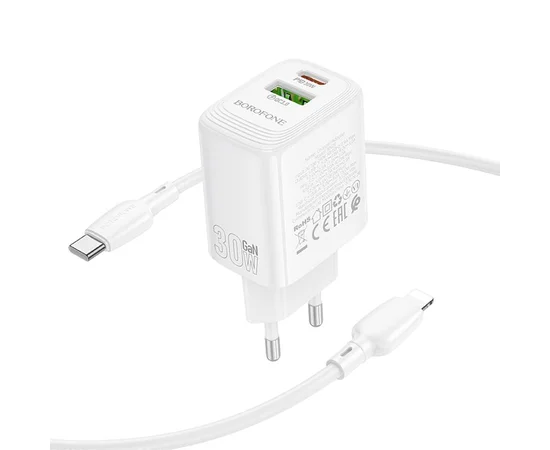 СЗУ Borofone BN29 Fuente PD30W+QC3.0 (1USB-A/1C) + кабель Type-C to Lightning White