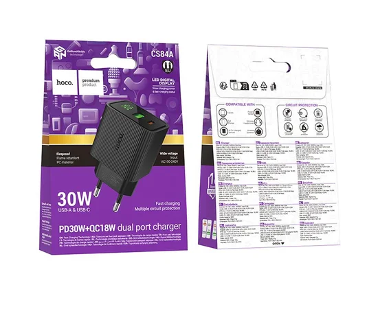 СЗУ Hoco CS84A Excellent with digital display PD30W+QC3.0 (1USB-A/1C) Black