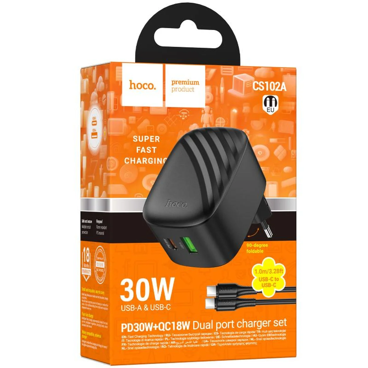 СЗУ Hoco CS102A Folding PD30W+QC3.0 (1USB-A/1C) + кабель Type-C to Type-C Black
