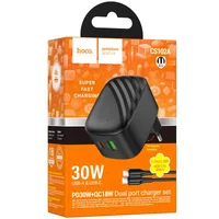СЗУ Hoco CS102A Folding PD30W+QC3.0 (1USB-A/1C) + кабель Type-C to Type-C Black