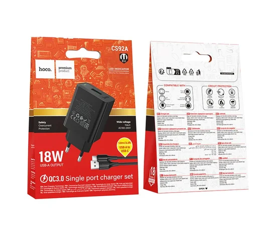 СЗУ Hoco CS92A Leader 18W+QC3.0 (1USB-A) + кабель USB to Type-C Black