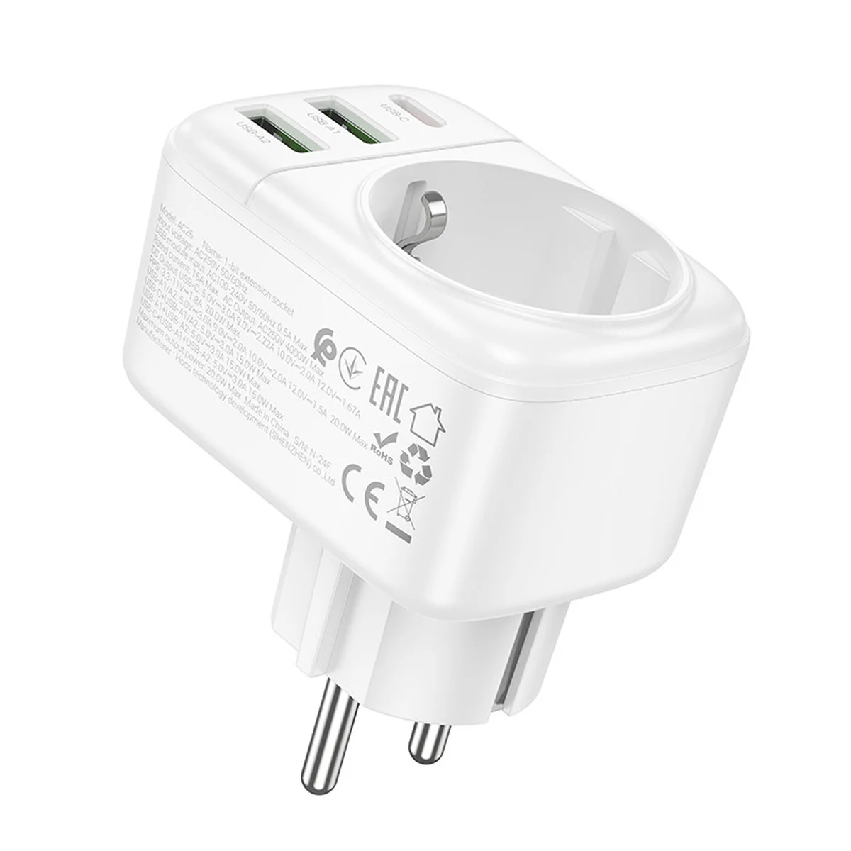 СЗУ Hoco AC26 Changer Outlet Extender 20W (2USB-A/1C/1Socket) White