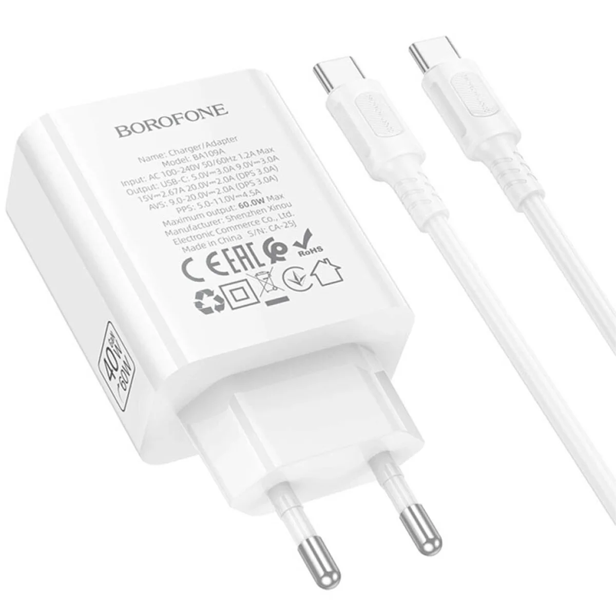 СЗУ Borofone BA109A Star PD40W (1USB-C) + кабель Type-C to Type-C White