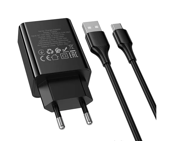 СЗУ Hoco CS92A Leader 18W+QC3.0 (1USB-A) + кабель USB to Type-C Black