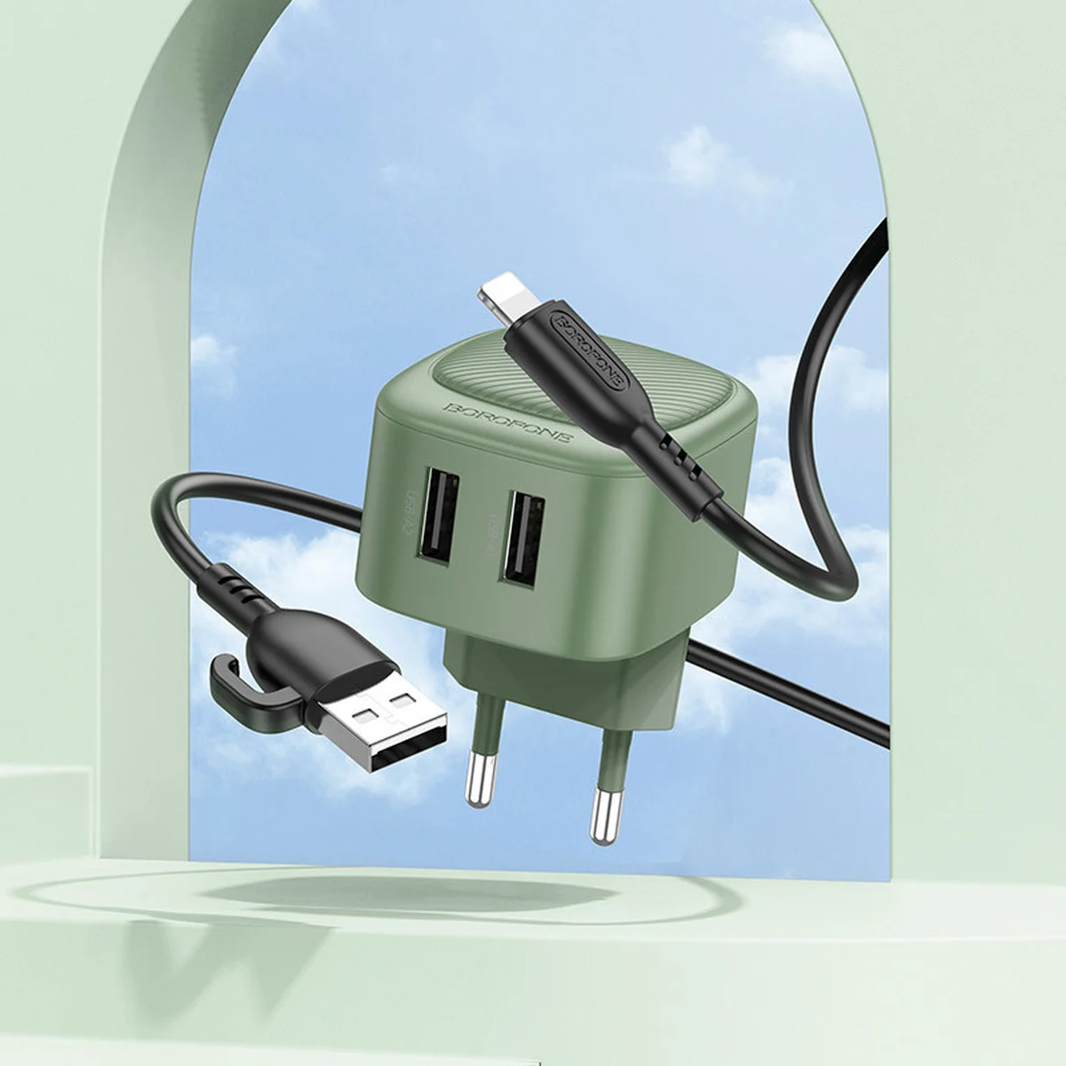 СЗУ Borofone BAS21A Special (2A) + Lightning Olive Green