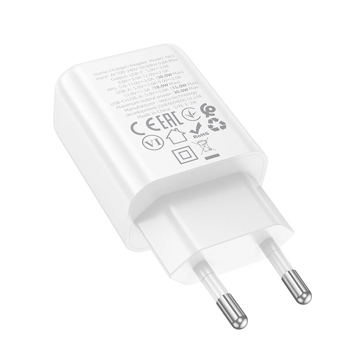 СЗУ Hoco N63 Gentle PD30W+QC3.0 (1USB-A/1C) White