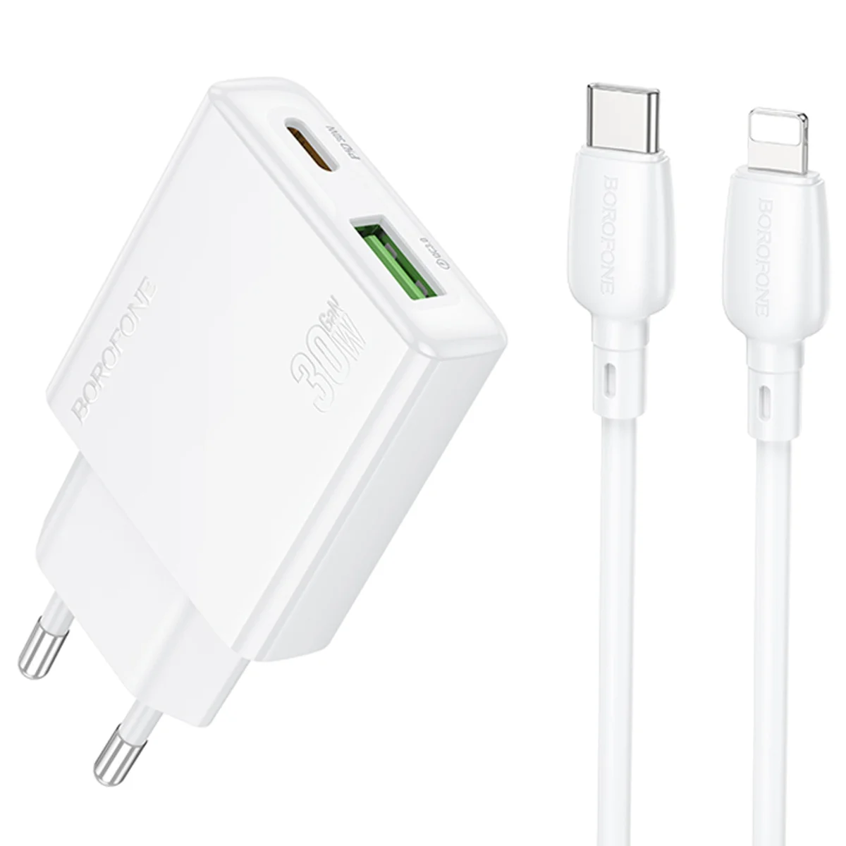 СЗУ Borofone BN25 Wish PD30W+QC3.0 (1USB-A/1C) + кабель Type-C to Lightning White