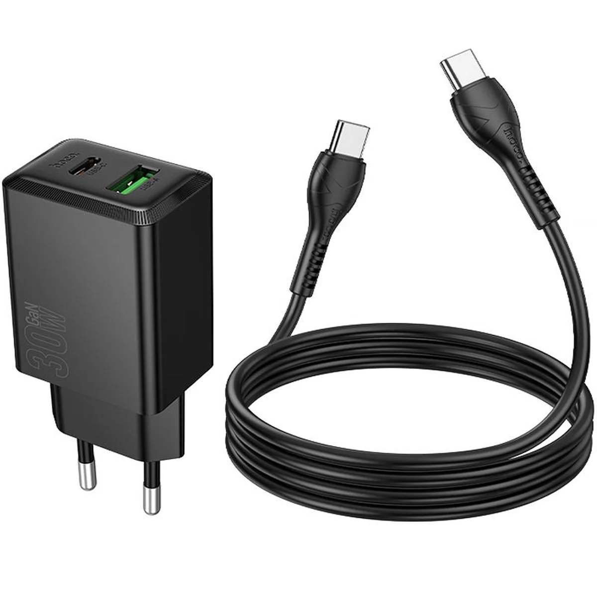 СЗУ Hoco N71 Nuevo PD30W+QC3.0 (1USB-A/1C) + кабель Type-C to Type-C Black