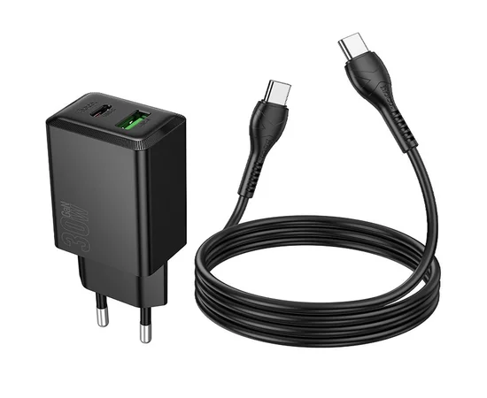 СЗУ Hoco N71 Nuevo PD30W+QC3.0 (1USB-A/1C)  + кабель Type-C to Type-C Black
