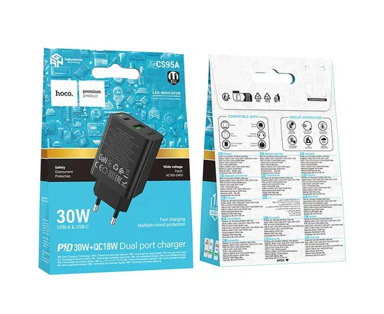 СЗУ Hoco CS95A Leader PD30W+QC3.0 (1USB-A/1C) Black
