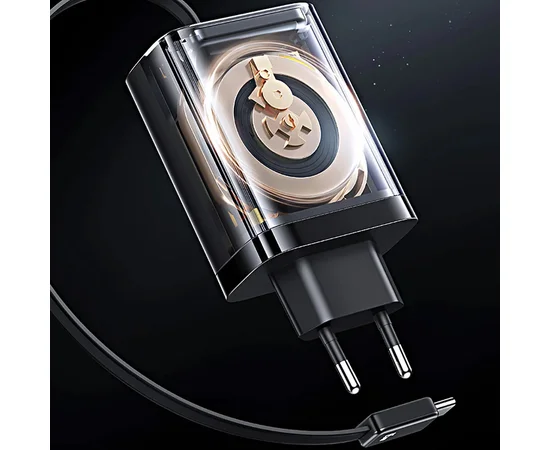 СЗУ Usams US-CC296 GaN With Retractable Type-C Cable Xiang Ser. 30W (1USB-A/1C) Black