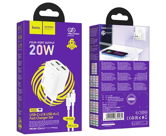 СЗУ Hoco N55 Fundador PD20W four-port (2USB-A/2C) + Type-C to Lightning White