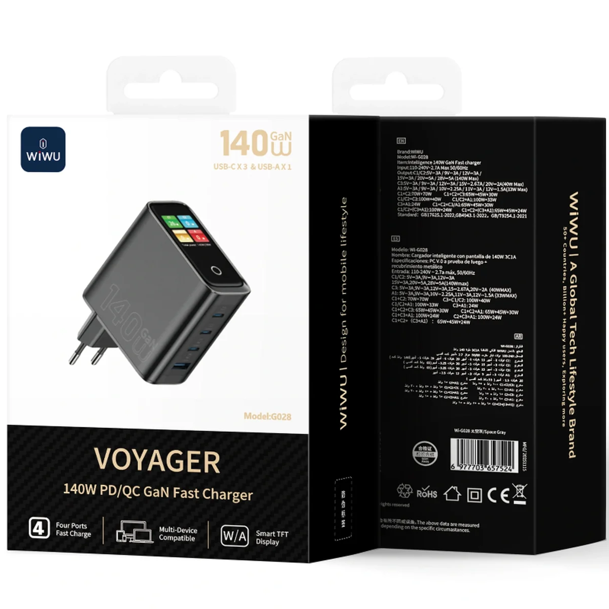 СЗУ WIWU G028 Intelligent PD140W+QC3.0 GaN (1USB-A/3C) Black